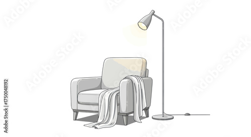 Cozy Armchair with Throw Blanket and Modern Floor Lamp Illustration.