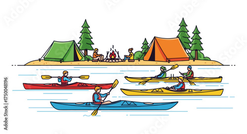 Outdoor adventure with people kayaking on water and camping by shore.