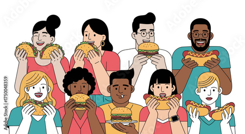 Diverse Group of Cartoon People Happily Eating Fast Food Burgers and Hot Dogs.