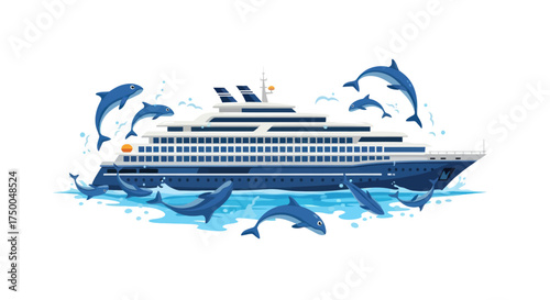 Majestic Cruise Ship Navigates Through Playful Dolphins in Ocean Waves.