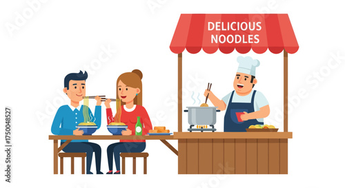 Couple enjoying delicious noodles at a street food stall with a chef.