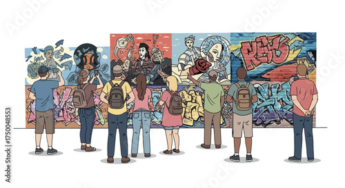 People Viewing Colorful Graffiti Art Murals in an Outdoor Urban Setting.