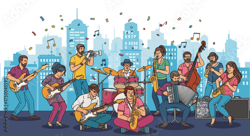 Lively Jazz Band Performing Music in a Vibrant Cityscape.