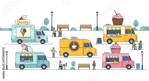 Vibrant Cartoon Food Trucks Offering Diverse Street Food and Beverages.
