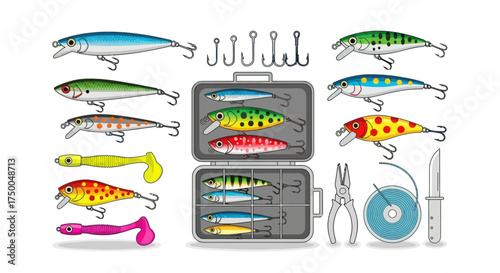 Vibrant Fishing Lures Hooks Tackle Box and Essential Angling Gear Collection.