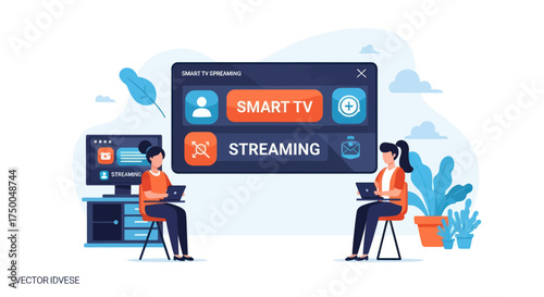 Two people using laptops in front of a large smart TV screen displaying streaming options.