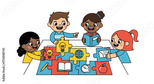 Children Collaborating on a Puzzle with Educational Icons.