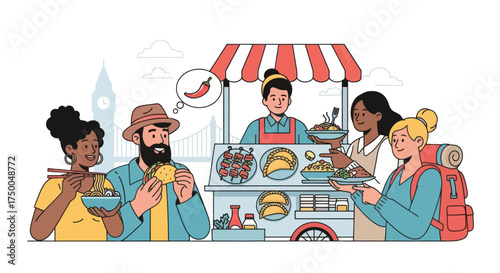 Diverse group of people enjoying street food from a vibrant vendor cart.