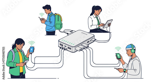 Diverse individuals connecting to a central portable power bank device.