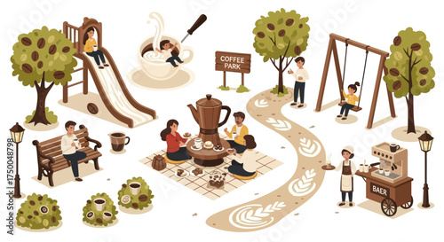 Isometric Illustration of a Park Scene with People Playground Trees and Coffee Elements.