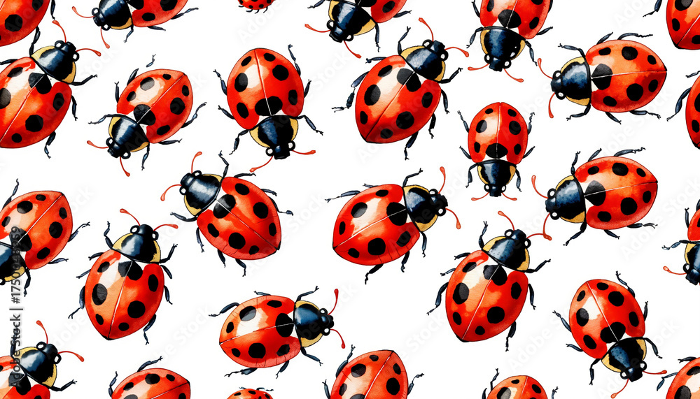 Fototapeta premium Red ladybugs arranged in a seamless pattern on white background 
