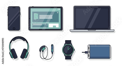 Modern Electronic Devices Collection: Smartphone Tablet Laptop Headphones Smartwatch Power Bank.