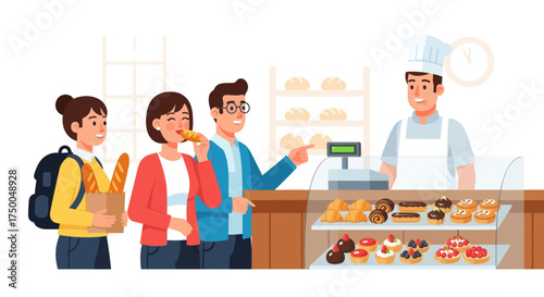 Diverse customers queuing at a bakery counter to purchase freshly baked goods from a chef.