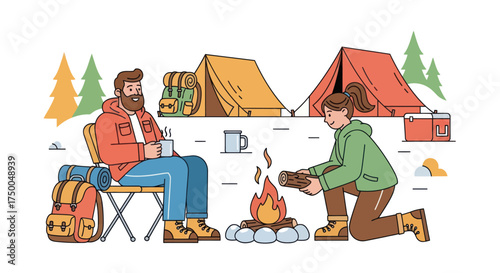Couple Camping in Winter: Man with Coffee Woman tending Campfire near Tents.