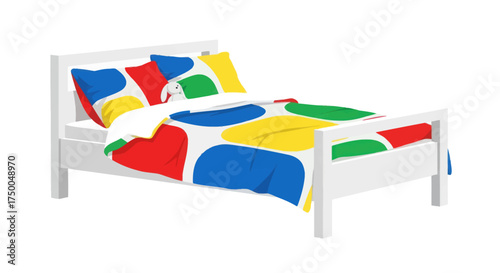 White bed with colorful abstract patterned bedding and pillows.