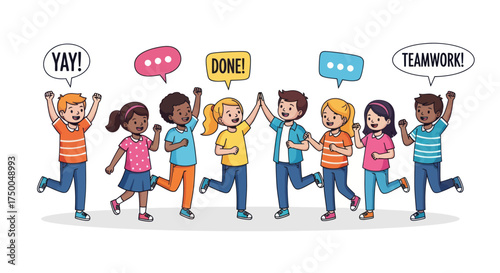 Diverse Group of Children Celebrating Success with Speech Bubbles and Raised Hands.