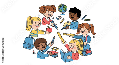 Happy Diverse Children Learning Together with School Supplies and Educational Items.