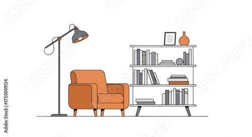 Cozy reading nook with orange armchair and bookshelf.