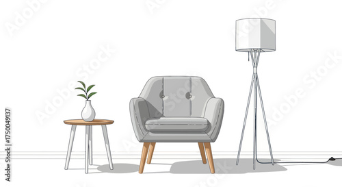 Modern Armchair with Side Table and Floor Lamp Sketch.