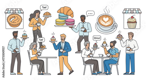 Diverse People Enjoying Pastries and Coffee in a Cafe Setting with Speech Bubbles.