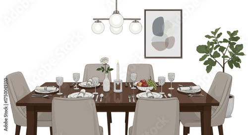 Elegant Dining Room Setup with Dark Wood Table and Upholstered Chairs.