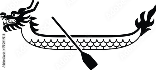 Dragon boat with paddle isolated on white background, a traditional chinese watercraft
