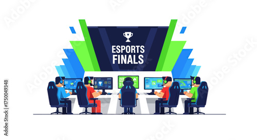 Esports Finals Team Competition with Computers and Stage Backdrop.