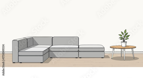Modern L-Shaped Sectional Sofa with Coffee Table and Potted Plant.