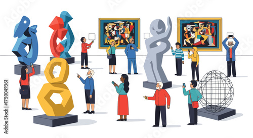 A diverse crowd of people visiting a contemporary art gallery viewing abstract sculptures and paintings.