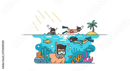 Snorkeling Adventure: People Exploring Coral Reefs in Clear Blue Ocean Waters.