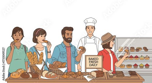 Diverse customers and baker at a bustling bakery counter.
