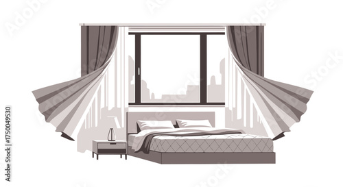 Modern Bedroom Interior with Open Curtains and City View.