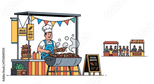 Smiling street food vendor grilling skewers at a festive market stall.