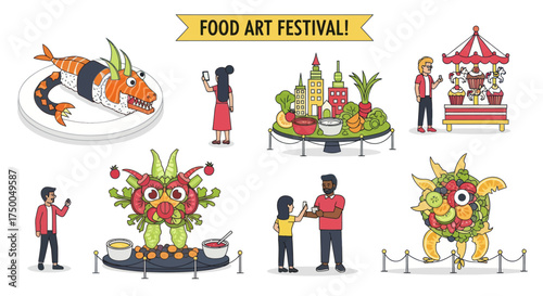 Food art festival illustration set with people viewing elaborate sculptures made from fruits vegetables and sushi.