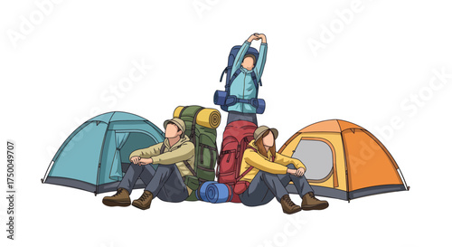 Adventurous hikers resting with camping tents and backpacks.
