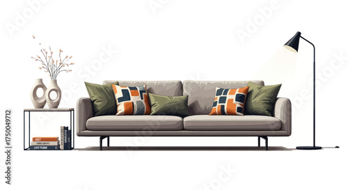 Stylish Modern Living Room Sofa with Colorful Throw Pillows and Floor Lamp.