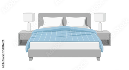 Modern Bedroom Furniture Set with Gray Bed and Blue Plaid Blanket.