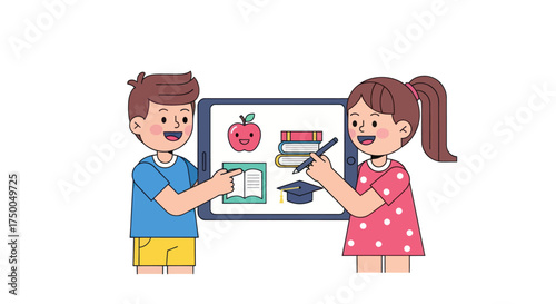 Children Learning with a Tablet: Apple Books and Graduation Cap Illustration.