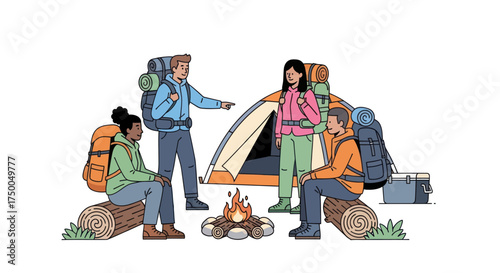 Illustrated Diverse Friends Camping Around Campfire with Tent and Backpacks.