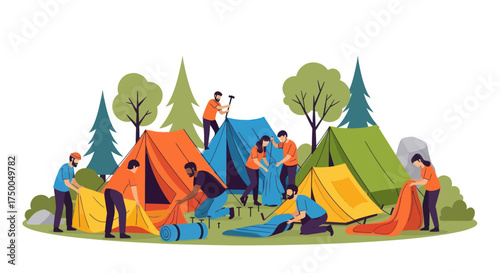 People Setting Up Colorful Tents in a Forest Campground Enjoying Outdoor Activities.