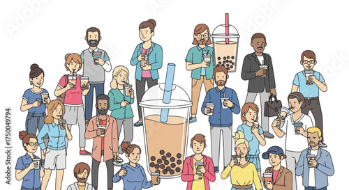 Diverse group of people enjoying bubble tea drinks together.