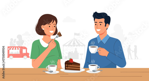 Smiling man and woman enjoying coffee and cake together flat vector illustration.