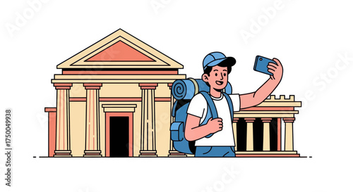 Smiling male tourist with backpack taking selfie in front of classical building illustration.