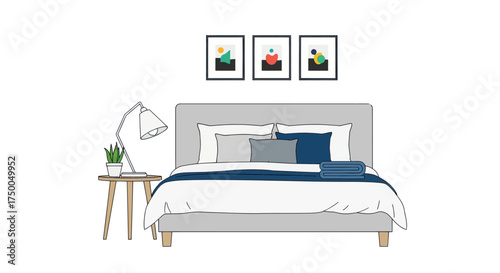 Modern Bedroom Interior with Framed Art and Bedside Table.