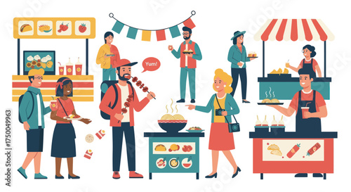 Diverse people enjoying food stalls at a vibrant outdoor market.