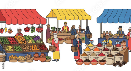 Vibrant Market Stalls with Produce and Spices Colorful Awnings and Vendors.