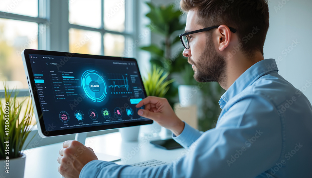 Obraz premium Young man working on modern computer with data analytics interface 