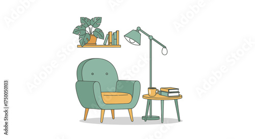 Cozy armchair with lamp books and potted plants in a minimalist interior.