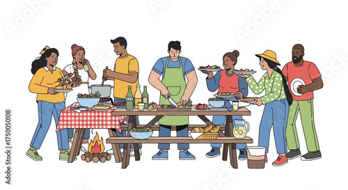 Diverse Group of Friends Enjoying Outdoor Picnic Barbecue with Food and Drinks.