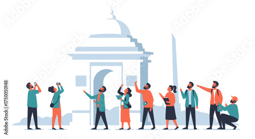 Diverse group of people admiring a white architectural structure.